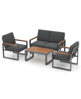 4-Piece Outdoor Aluminum Patio Conversation Set with Loveseat, 2 Armchairs and Wood-Plastic Coffee Table
