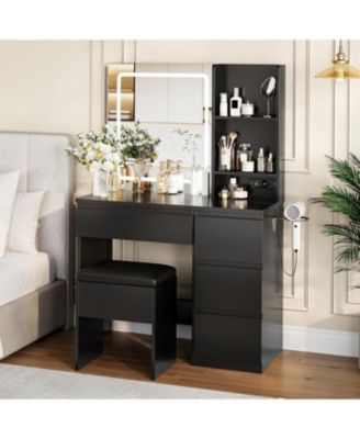 Makeup Vanity Desk,  3-Color LED Mirror, 4 Drawers & Power Outlet, Charging Station, Storage Stool, Open Shelves & Hair Dryer Holder