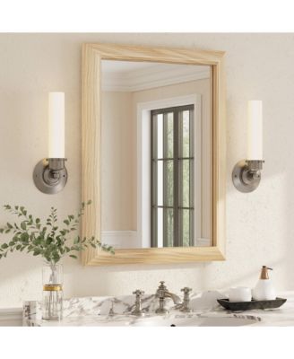 22" x 30" Inch Thick Metal Framed Wall Mirrors for Bedroom, Rectangle Wall-Mounted Mirrors in Light Yellow Wood