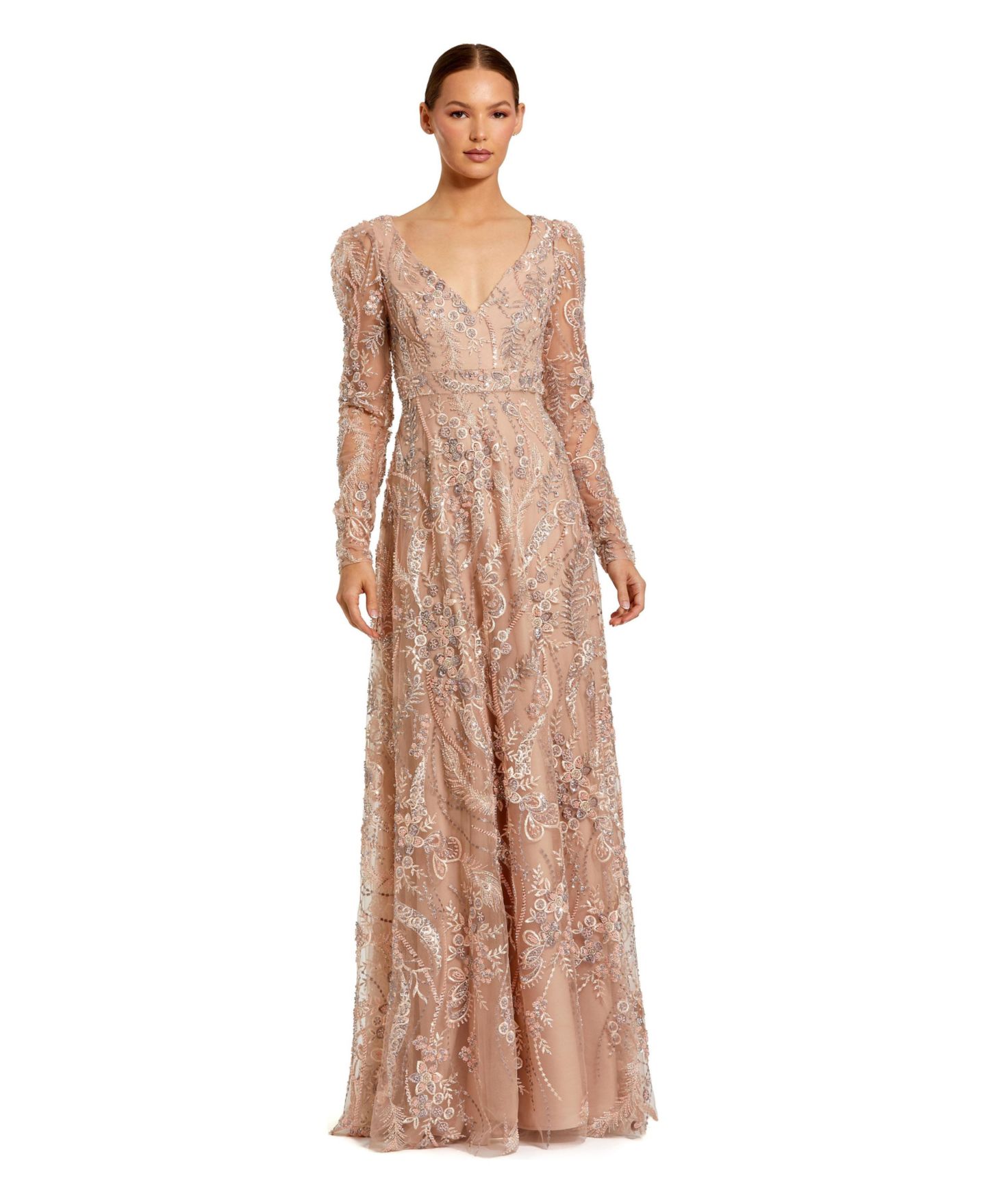 Женское платье Mac Duggal Floral Embroidered V Neck Long Sleeve Gown, цвет: Серо-коричневый — фото 1