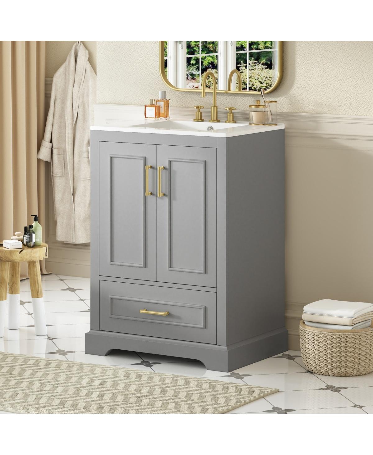 Sillysis 24 Inch Bathroom Vanity with Ceramic Sink, Solid Wood Cabinet, Soft Close Doors and Divided Drawer for Small Bathrooms