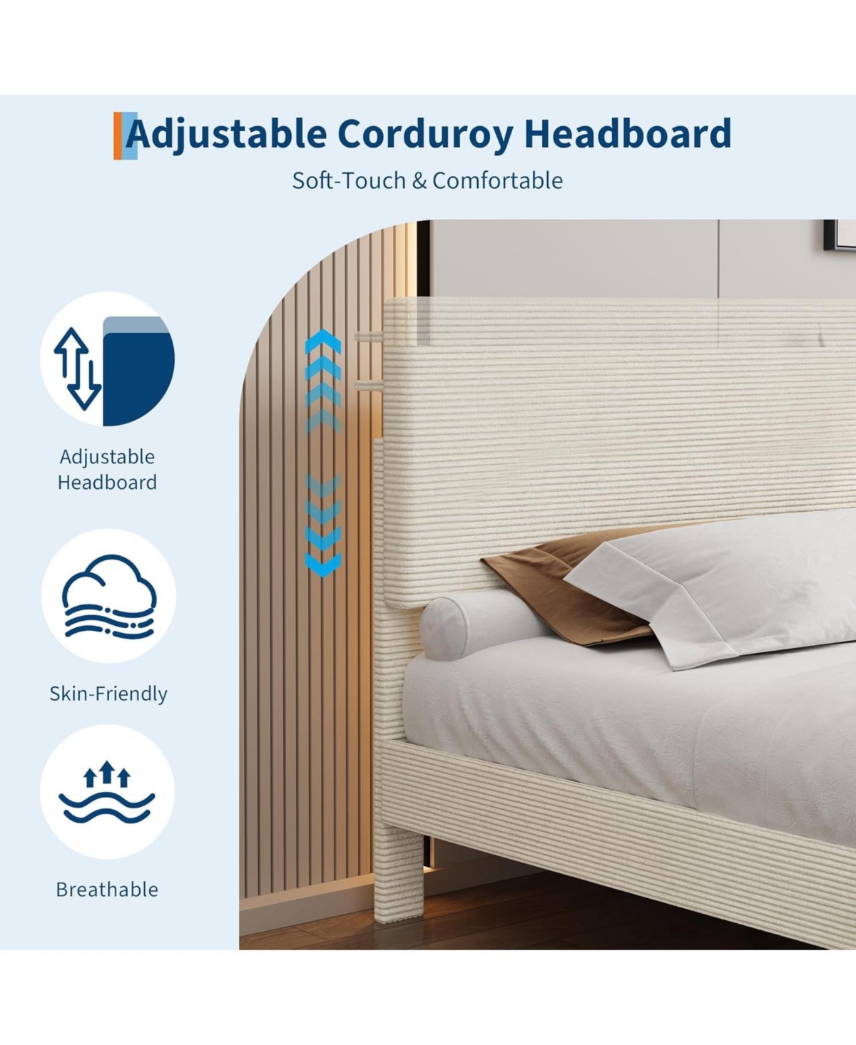 gaomon Bed Frame with Usb Charging Station, Corduroy Upholstered Platform Adjustable Storage Headboard