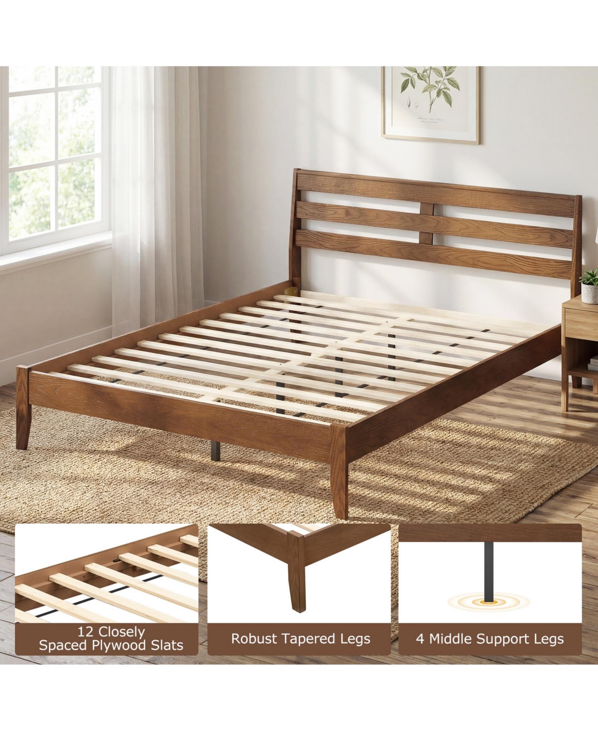 Slickblue Wooden Platform Bed Frame with Slatted Headboard