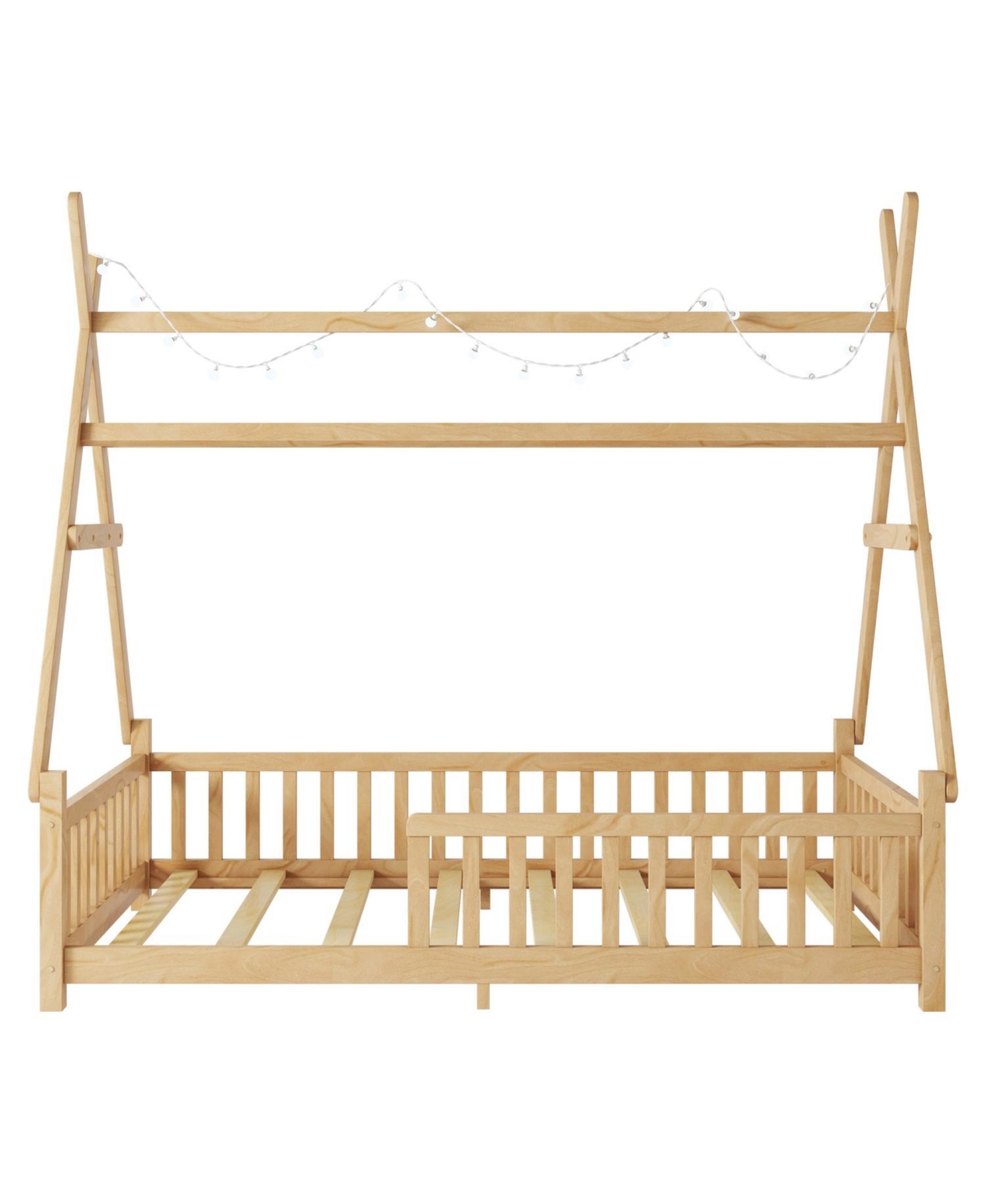 Rainsken Montesori Floor Bed for Kids, with Light and Slats, Wood Teepee Bed