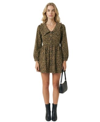 Women's Leopard Print Oversized Collar Long Sleeve Mini Dress