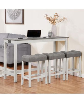 Bar Table and Chairs Set of 4, Industrial Bar Height Dining Table Set with 3 Padded Stools and Power Outlet for Living Room