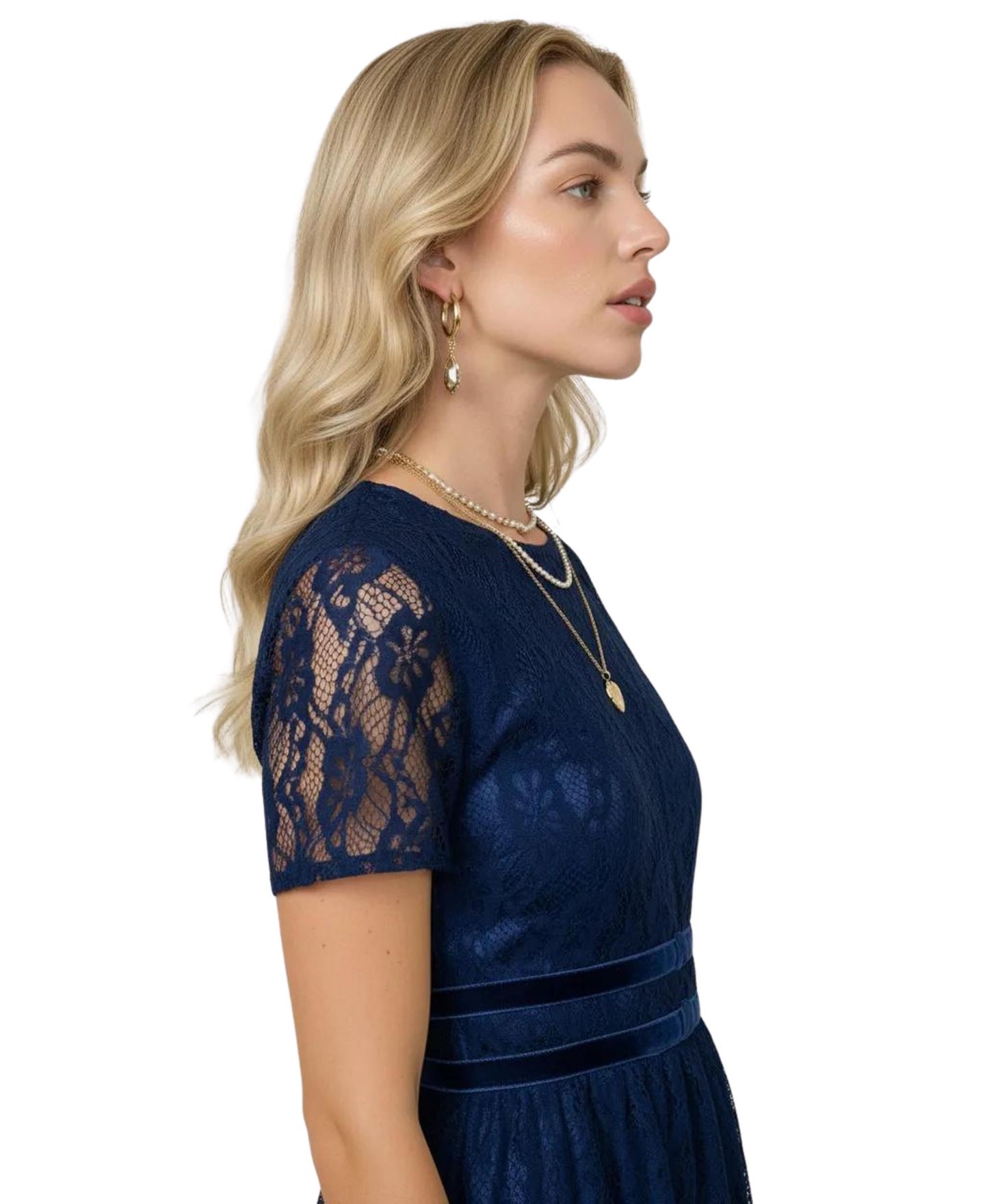 Женское платье Modenaire Lace Midi Dress with Sheer Short Sleeves and Velvet Waistband, цвет: Тёмно-синий — фото 3