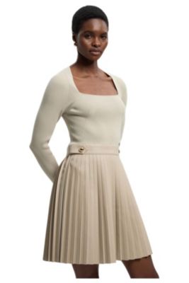 Women's Square Neck Pleated PU Skirt Mini Dress