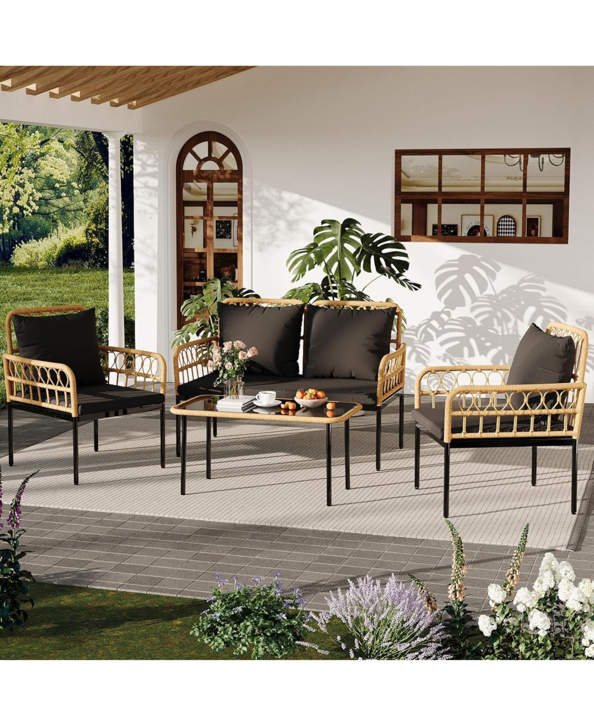 gaomon 4-Piece Patio Seating Set with Glass Coffee Table, Wicker and Cushions