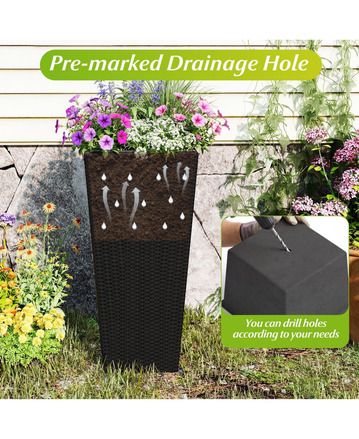 Gymax Set of 3 Rattan Plant Pots with Removable Plastic Liners Pre-Marked Drainage Holes