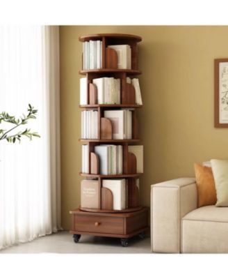 5 Tier Rotating Bookshelf, with Cabinet On Wheel, 360degree(s) Display Spinning Corner Book Shelf Tower, for Bedroom, Living Room, Study Room