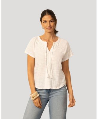 Women's Cable and Gauge Crochet Trim Crinkle Peasant Top