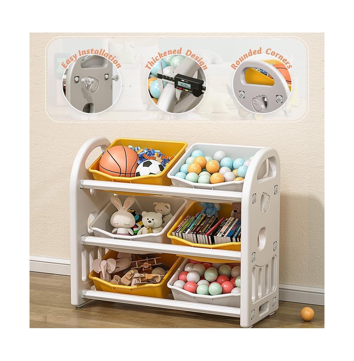 Rainsken Kids Toy Storage Organizer 3-Tier Shelves, 6 Removable Bins, Multi-Functional Kids Storage Organizer, for Boys Girls Bedroom Playroom