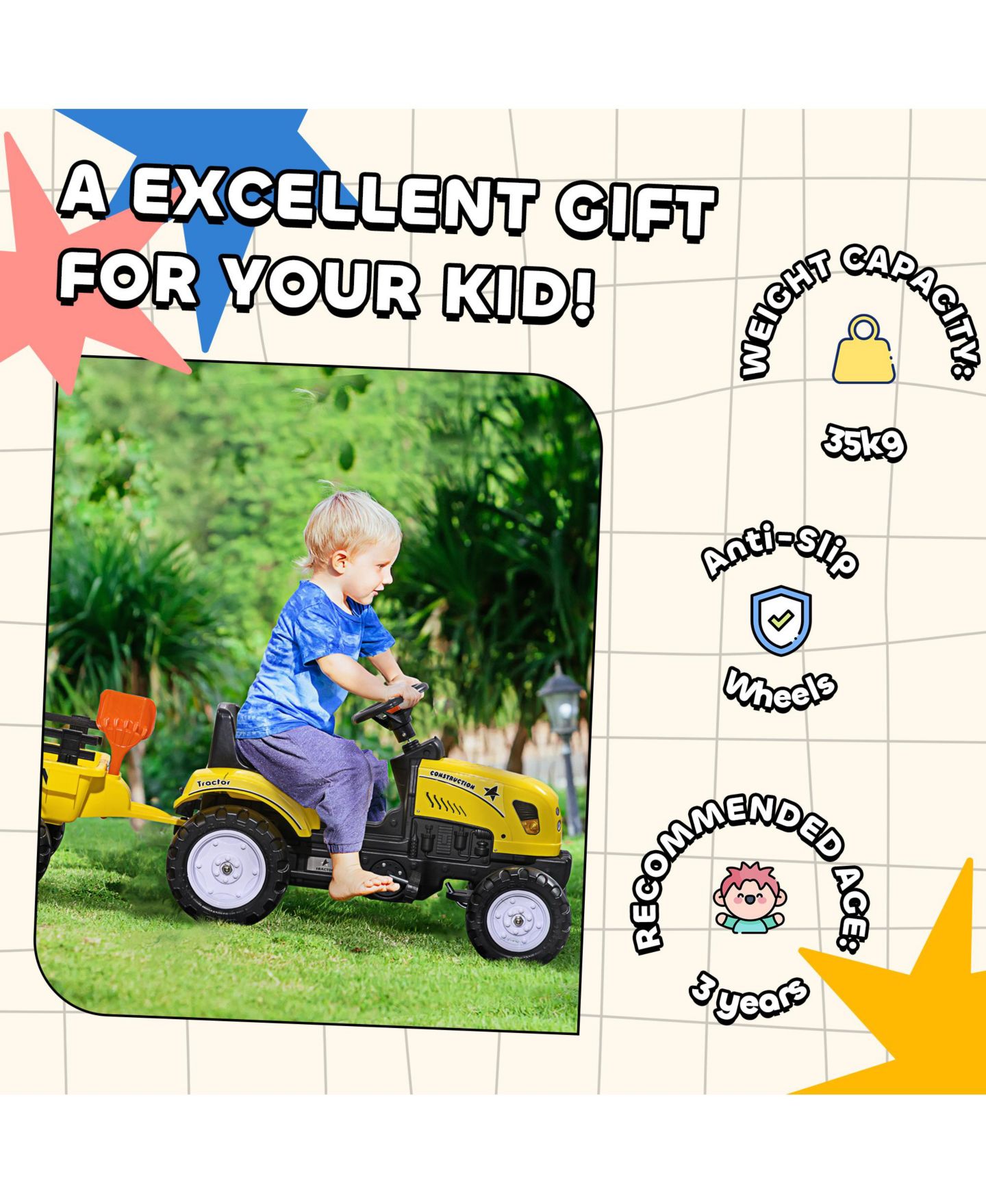 Детская игрушка Aosom Ride on Pull Tractor with Back Trailer, Metal, Shovel & Rake, 77-Lb. Capacity, Ages 3-4 — фото 9
