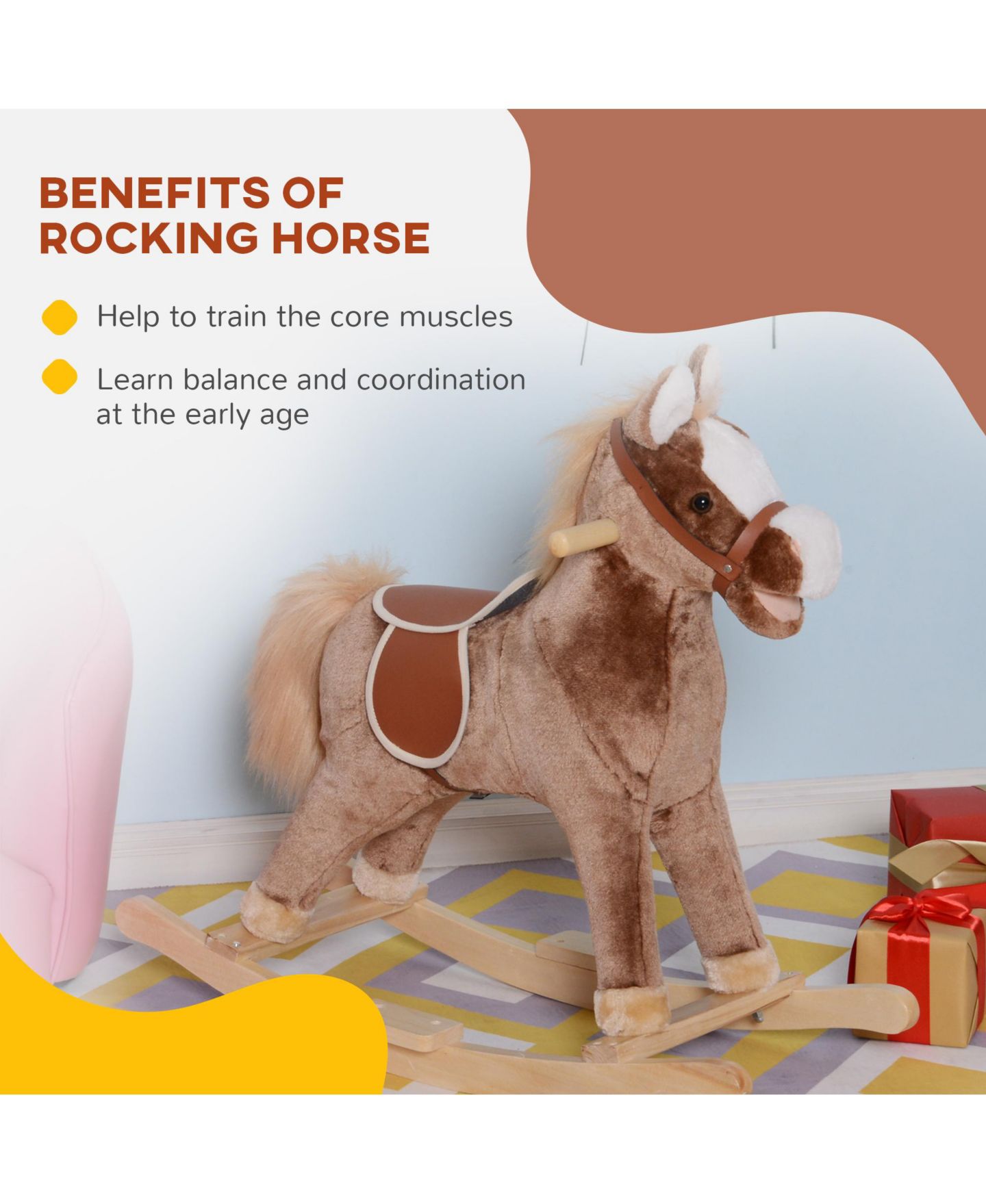Детская мягкая игрушка Qaba Kids Rocking Horse, Plush Toddler Rocker, Wooden Base Ride On Toy — фото 7