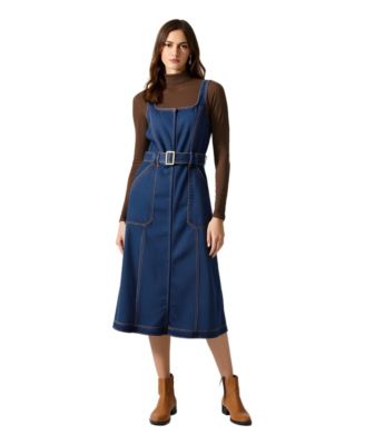 Women's Square-Neck Zip-Front Denim Midi Dress with Belt