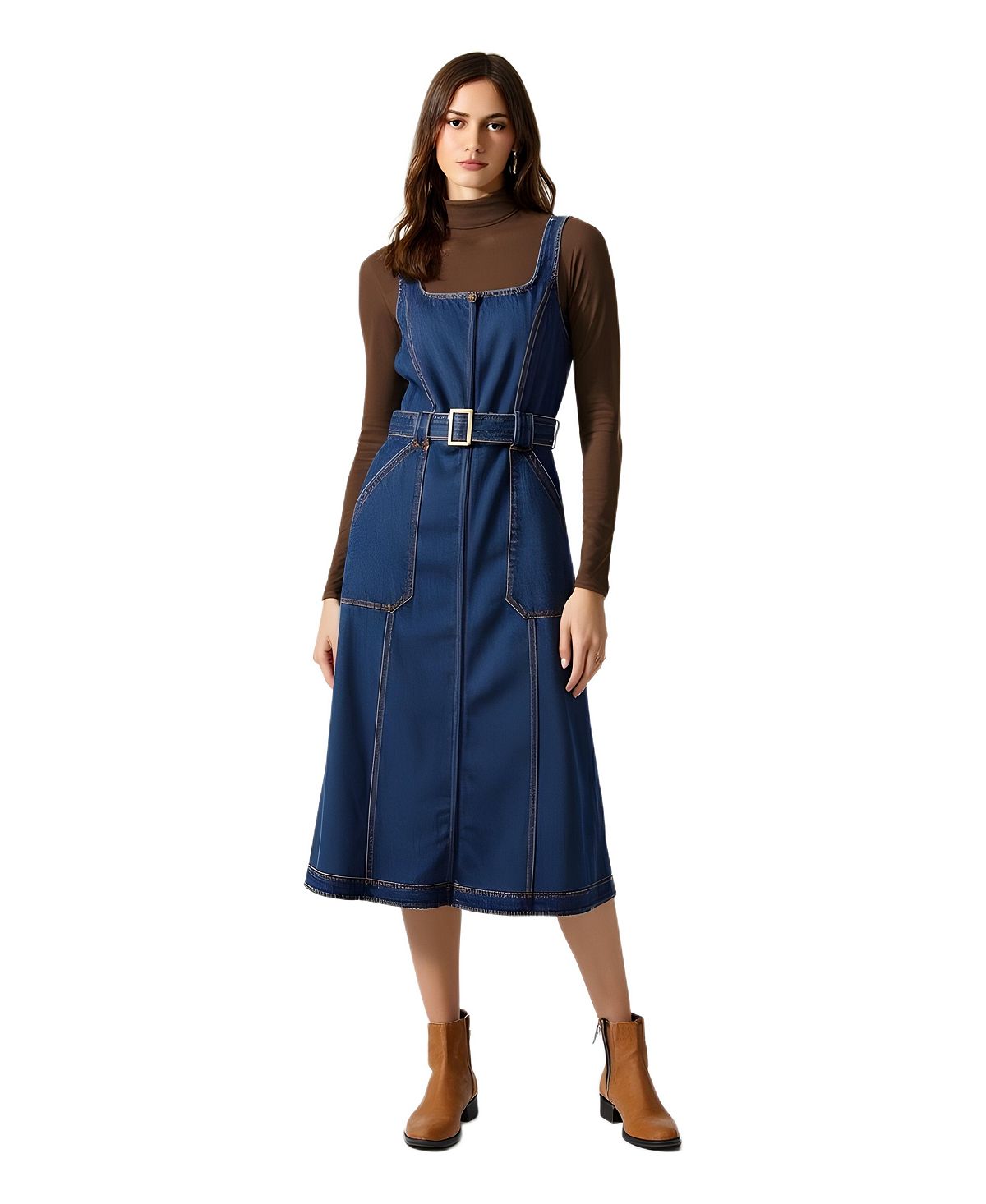 Modenaire Women's Square-Neck Zip-Front Denim Midi Dress with Belt view 1 — MAYCSS fashion products