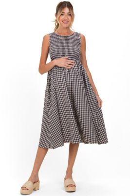 Maternity Olive Gingham Smocked Sleeveless Midi Dress