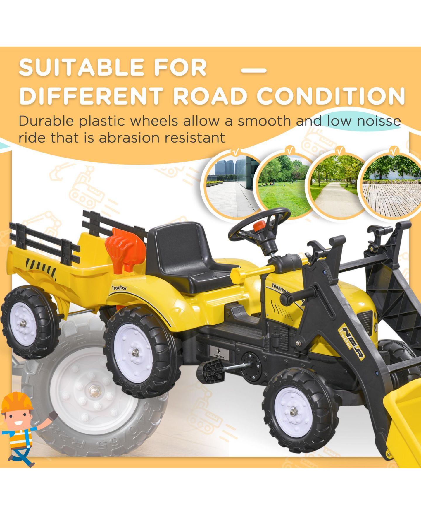 Детская игрушка Aosom Ride-On Kids Bulldozer with Working Dirt Bucket and Detachable Trailer, 77 lbs. Capacity, Ages 3+ — фото 6
