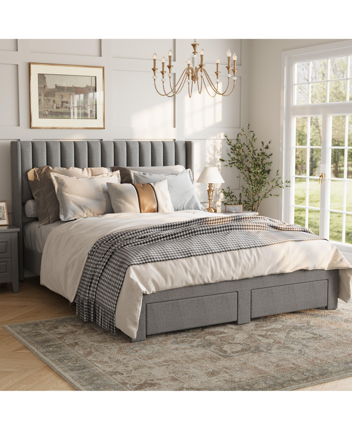 gaomon Velvet Wingback Platform Bed with 2 Storage Drawers Upholstered Bed Frame, Wooden Slats, No Box Spring Needed
