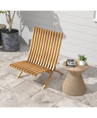 Folding Teak Wood Outdoor Lounge Chair with Slatted Seat and Backrest, 14 in Seat Height
