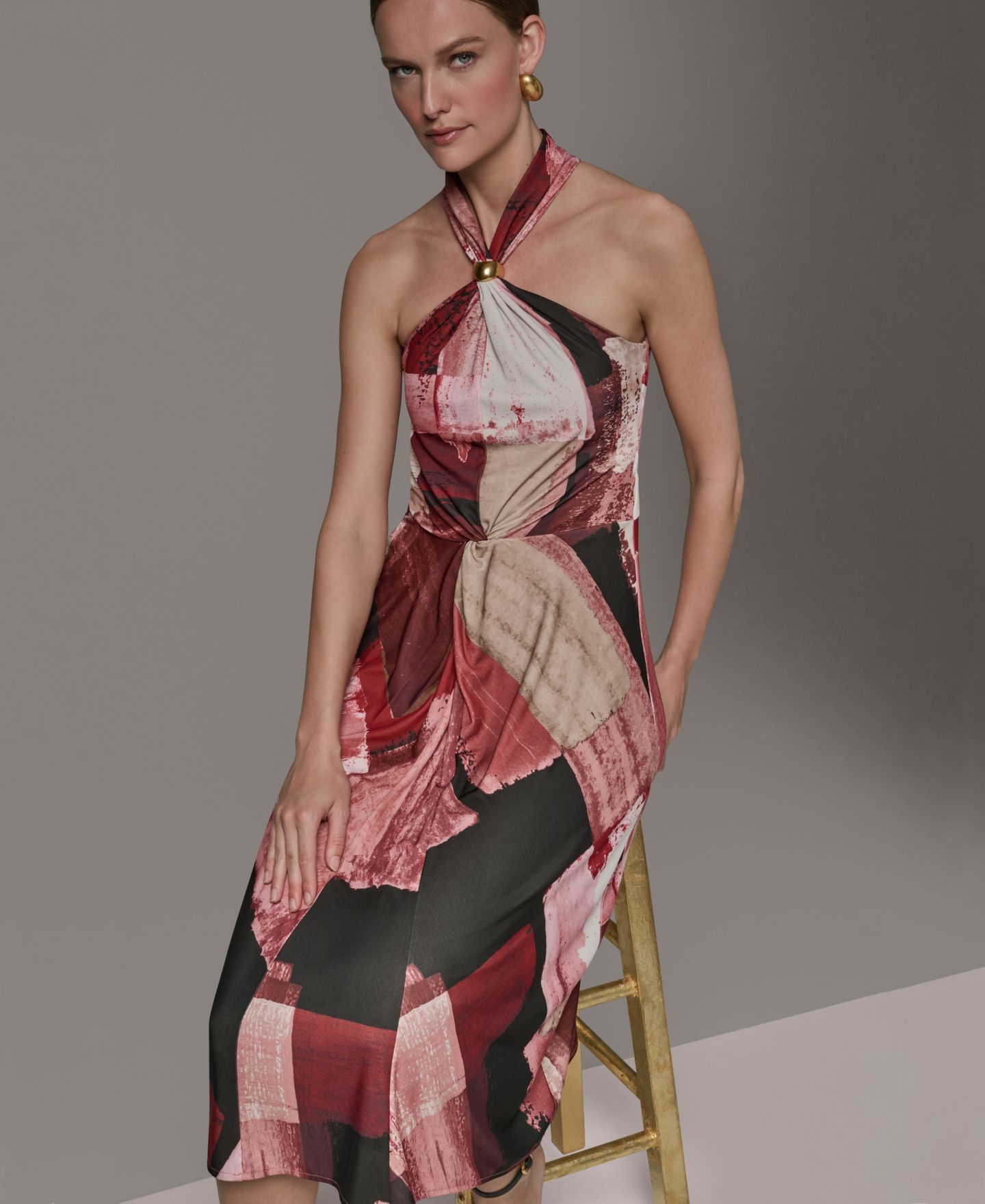 Женское платье Donna Karan New York Petite Geometric Printed Halter Neck Midi, цвет: Пустынный глиняный — фото 7
