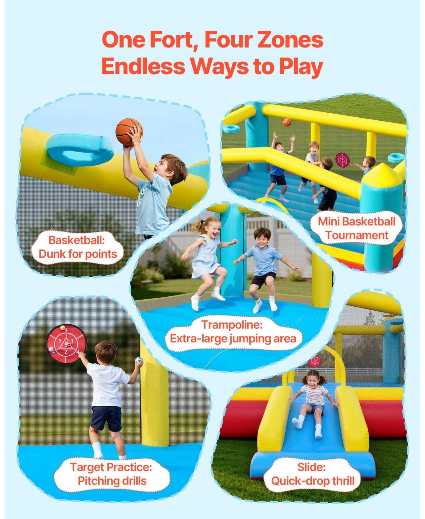 Детская игрушка Mecale Inflatable Bounce House 14.7 x 13.8 Ft with Basketball Hoop, Ages 3, цвет: Синий — фото 4