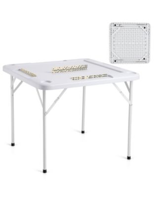 35.4" Square Folding Mahjong Table for 4 Players, Cup Holders & Chip Trays, Includes Domino Set, Portable Game Table, White