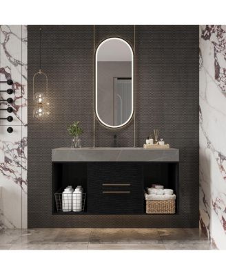 Wall Mounted Bathroom Vanity with Faux Marble Top and Ceramic Sink, Open Shelf Plywood Cabinet