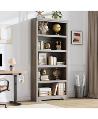 75" Tall Farmhouse Bookshelf, 5 Tier Open Bookcase with Adjustable Shelves and Anti-Tip Design for Living Room