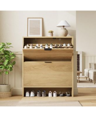 Tall Freestanding Entryway Shoe Cabinet Recessed Design, 2 Flip-Up Drawer Doors, Hidden Shoe Rack Ideal for Hallways and Living Rooms