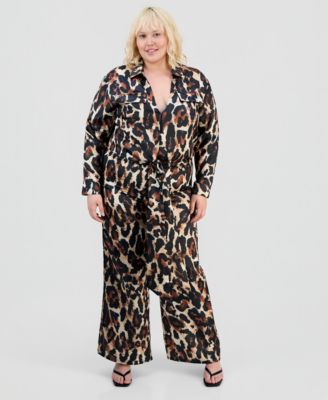 Trendy Plus Size Satin Shirt & Matching Pants Set