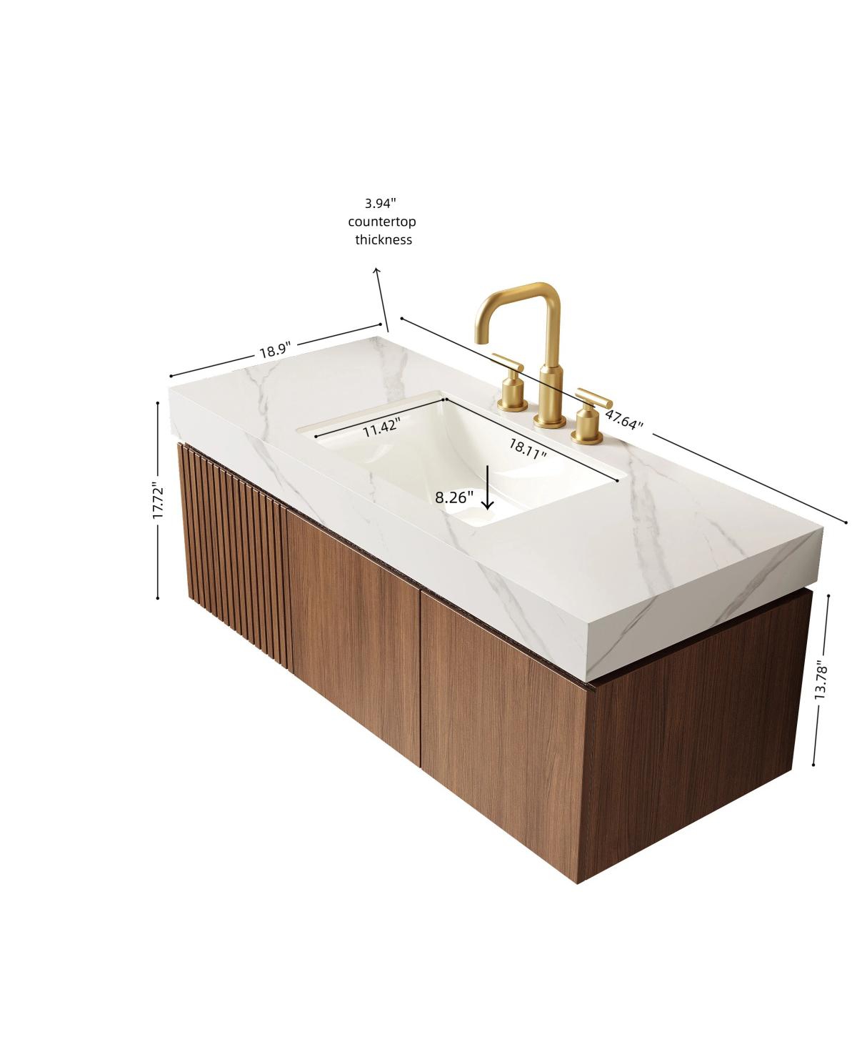 Sillysis Wall Mounted Bathroom Vanity, Carrara Sintered Stone Top, 3-Hole Ceramic Sink, Soft Close Cabinet