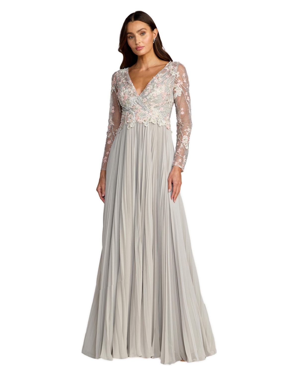 Mac Duggal Women's Embroidered Long Sleeve V Neck Pleated Gown