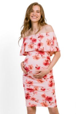 Maternity Floral Off-the-Shoulder Ruffle Bodycon Dress