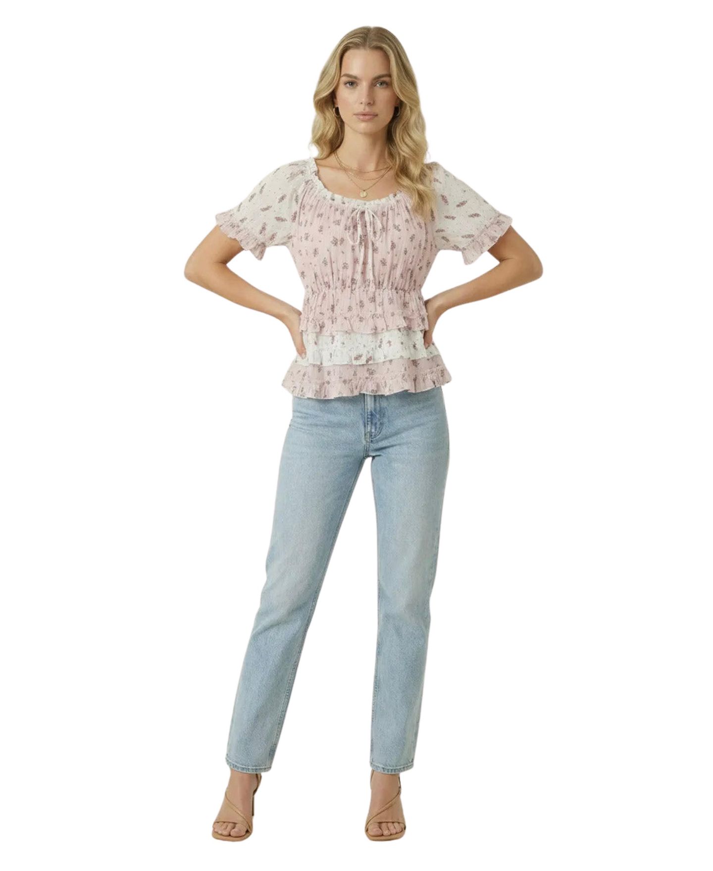 Женский топ Modenaire Floral Tie-Neck Ruffle Peplum, цвет: Розовый — фото 10