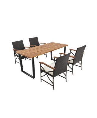 5 Pieces Patio Rattan Dining Set with Acacia Wood Table and Armrests
