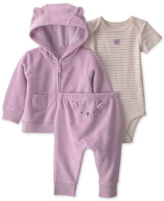 Baby Girls' Bear Terry Layering Bodysuit, Cardigan and Pants, 3-Piece Set