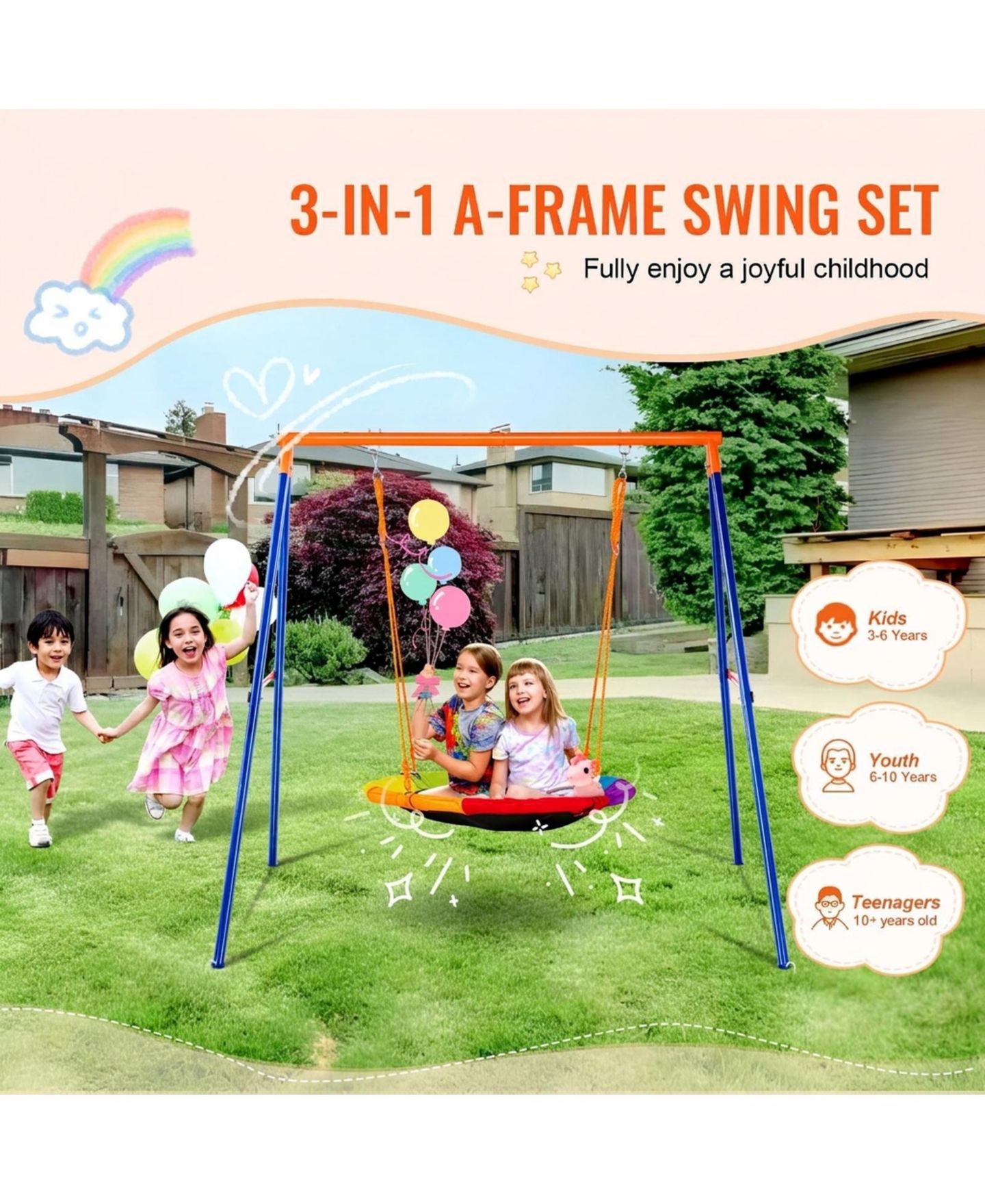 Детские игрушки SUGIFT Backyard Swing Set 440lbs Capacity 40 inch Saucer Swing with Metal Stand, цвет: Синий — фото 8