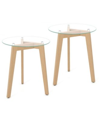 Set of 2 Tempered Glass Side Tables Round Design with Rubber Wood Frame