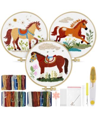 3 Pack Embroidery Kit Horse Stamped Patterns Hoop Tools Threads