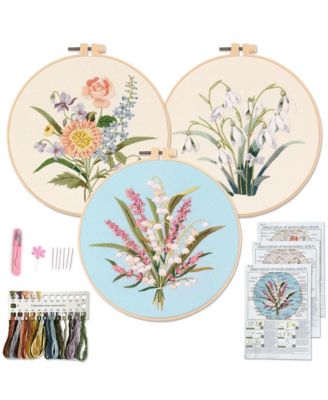 Embroidery Kit Adults Beginners Floral Pattern Hoops Floss Tools