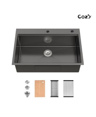 33 x 22 Inch Stainless Steel Kitchen Sink Single Bowl Overmount Handmade with Cutting Board and Colander