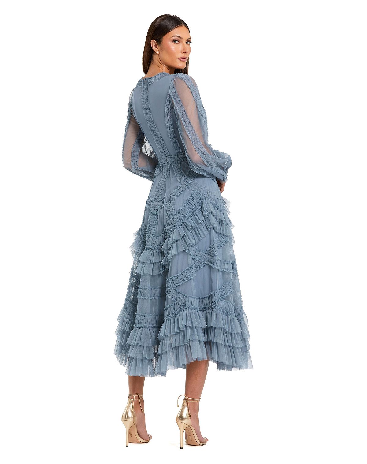 Mac Duggal Petite Long Sleeve V Neck Mesh Micro Ruffle Midi Dress view 2 — MAYCSS fashion products