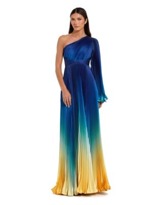 Petite Pleated Charmeuse One-Shoulder Ombre Gown with Flared Sleeve