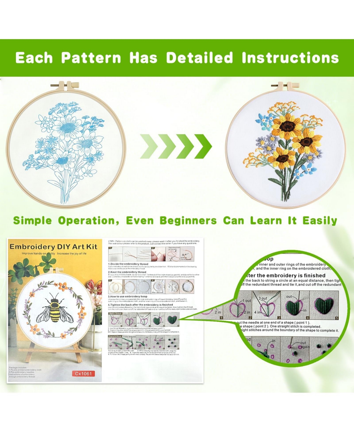 Gnuadz 4 Sets Embroidery Kit Flower Bee Cross Stitch Beginner Set