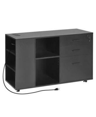 3 Drawer Wooden File Cabinet, Mobile Filing Cabinet with Power Strip, Lockable Rolling File Storage with Adjustable Shelves