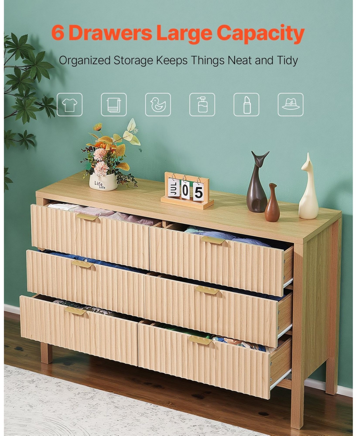Gouun Fluted 6-Drawer Dresser with Anti-Tip Device