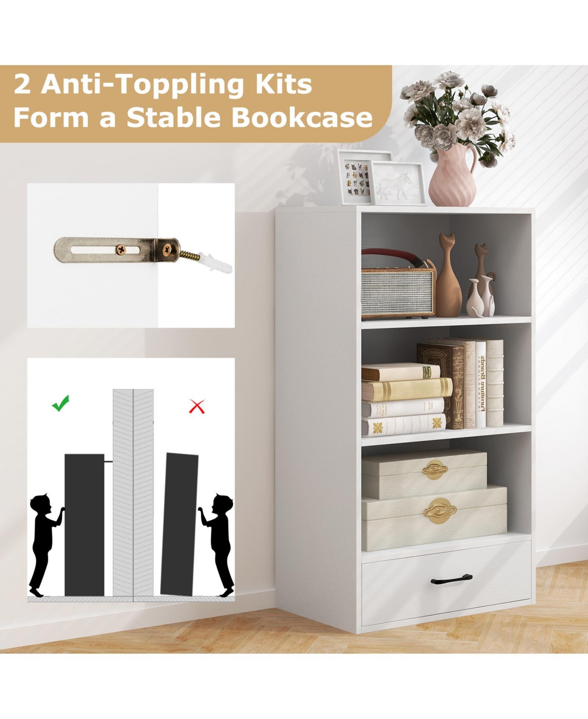 Gouun 4-Tier Storage Bookcase with Drawer and Anti-Toppling Kit, 24 x 15 x 42.5