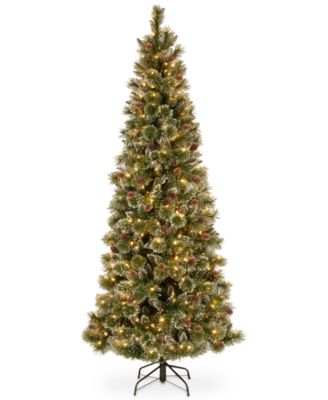 7.5 Glittery Bristle Slim Pine Hinged Christmas Tree With White Tipped Cones 500 Clear Lights